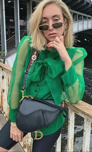 NWT ZARA Organza Blouse Top Semi-Sheer Green - Picture 3 of 16